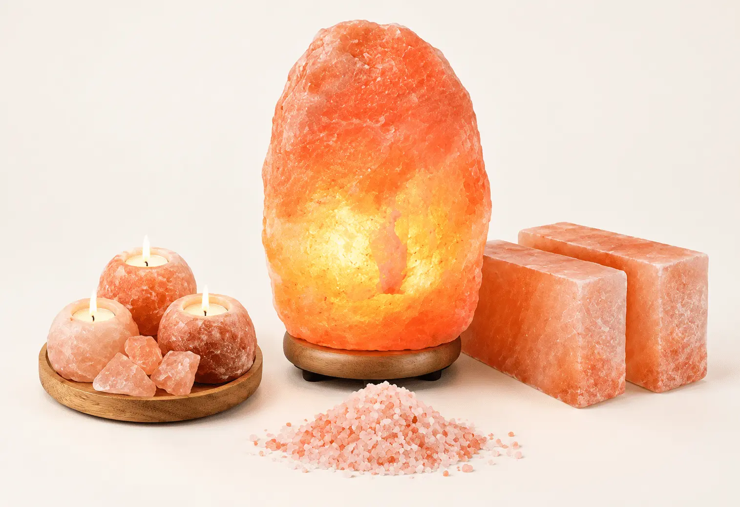 Himalayan pink salt lamp, candle holders, salt bricks and pink salt